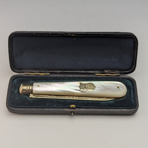 1888 British Antique White Pearl Shell Handle Pure Silver Blade Folding Pen Knife in Case